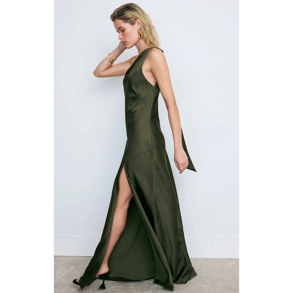 Adrianna One Shoulder Dark Olive Gown Size 8